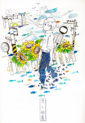 1boy abstract arms_at_sides asagi_kino bird blue_pants blue_sky breast_pocket collared_shirt commentary_request fish flower from_side highres looking_ahead male_focus masking_tape_(medium) missing_limb mixed_media pants parted_lips pocket profile road_sign shirt short_hair short_sleeves sign sky solo song_name sunflower traditional_media unconventional_media utility_pole white_background white_hair yorushika