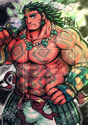 Rule 34 | 1boy, bara, blush, facial hair, highres, large pectorals, male focus, muscular, muscular male, nipples, pectorals, protagonist 3 (housamo), solo, tokyo houkago summoners, zinpati