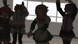 Rule 34 | 4girls, :3, a.i. voice, adachi rei, ahoge, apron, arms up, atsuko (222atuko), beret, black pantyhose, black shirt, black skirt, blush stickers, closed eyes, collared dress, collared shirt, dancing, dark, day, detached sleeves, dress, drill hair, facing viewer, feet out of frame, gloves, grey shorts, hair ornament, hairclip, hat, highres, indoors, jacket, kasane teto, kasane teto (utau), long hair, long sleeves, looking at viewer, momone momo, multiple girls, necktie, open mouth, orange eyes, orange hair, overexposure, pantyhose, pantyhose under shorts, pink hair, pink necktie, purple hair, purple necktie, red hair, robot ears, shirt, short dress, shorts, skirt, sleeveless, sleeveless shirt, small sweatdrop, swept bangs, twin drills, utane uta, utau, v-shaped eyebrows, white apron, white jacket, window