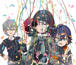 Rule 34 | 1boy, 2girls, absurdres, akaika (aka), animal ears, annoyed, behind another, belle (zenless zone zero), black hair, black shirt, blue hair, blue jacket, closed eyes, closed mouth, confetti, cropped jacket, earrings, facing another, fingerless gloves, fingernails, fur-trimmed jacket, fur trim, gloom (expression), gloves, green eyes, green jacket, grey eyes, grey hair, hair intakes, hair ornament, hand on another&#039;s arm, happy birthday, height difference, highres, holding, holding party popper, jacket, jane doe (zenless zone zero), jewelry, long sleeves, looking at viewer, mouse ears, multiple girls, nail polish, necktie, one eye closed, open clothes, open jacket, open mouth, open vest, party popper, red nails, shirt, short hair, simple background, smile, streamers, stud earrings, sunglasses, turtleneck, unzipped, upper body, v-shaped eyebrows, vest, white background, wise (zenless zone zero), zenless zone zero, zipper