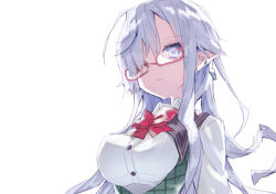 Rule 34 | 1girl, bow, bowtie, breasts, buttons, closed mouth, collared shirt, commentary request, earrings, floating earrings, from behind, glasses, green vest, grey eyes, grey hair, hair over one eye, jewelry, large breasts, long hair, long sleeves, original, plaid clothes, plaid vest, red-framed eyewear, red bow, red bowtie, semi-rimless eyewear, shirt, simple background, solo, upper body, usalxlusa, vest, white background, white shirt