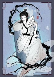 1boy absurdres bare_tree black_hair blue_background blue_cape blue_theme border branch calligraphy calligraphy_brush cape chinese_clothes chinese_commentary dao_gui_yi_xian flower folding_fan full_body fur-trimmed_cape fur_trim hair_bun hair_ribbon hand_fan hand_fan_writing hanfu highres holding holding_calligraphy_brush holding_fan holding_paintbrush invisible_chair light_particles limited_palette long_hair long_sleeves looking_down male_focus moon outside_border paintbrush paper_fan parted_lips partially_colored red_flower ribbon robe seal_impression single_hair_bun sitting smile smoke snowflakes solo tree white_hanfu white_ribbon wide_sleeves yansi111 zhuge_yuan