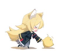&gt;_&lt; 1girl animal_ear_fluff animal_ears armband azur_lane baby_animal bird blonde_hair blush chibi chick closed_eyes fox_ears from_side hatski.sin highres long_hair long_sleeves manjuu_(azur_lane) meowfficer_(azur_lane) open_mouth oscar_(azur_lane) simple_background skirt solo tears white_background