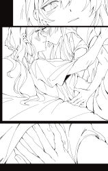 2girls absurdres bang_dream! bang_dream!_it&#039;s_mygo!!!!! blush chihaya_anon chinese_commentary closed_mouth clothes_lift commentary_request commission fang greyscale hand_on_another&#039;s_waist highres lanserongjie long_hair monochrome multiple_girls nagasaki_soyo open_mouth second-party_source shirt shirt_lift skin_fang smile yuri