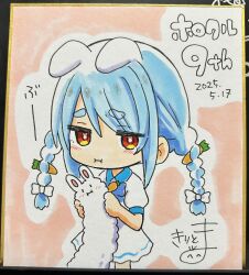 Rule 34 | 1girl, :i, aged down, animal ears, blush, bow, braid, carrot hair ornament, closed mouth, collared dress, dated, don-chan (usada pekora), dress, ears down, food-themed hair ornament, hair between eyes, hair bow, hair ornament, highres, holding, hololive, kiritoma, long hair, photo (medium), pout, puffy short sleeves, puffy sleeves, rabbit-shaped pupils, rabbit ears, red eyes, short eyebrows, short sleeves, signature, solo, standing, symbol-shaped pupils, thick eyebrows, traditional media, translation request, twin braids, twintails, usada pekora, very long hair, virtual youtuber, white bow, white dress