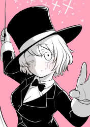 1girl absurdres blush bow bowtie closed_mouth collared_shirt conductor_baton gloves gomashio_lettuce greyscale_with_colored_background hands_up hat highres holding_baton jacket long_sleeves looking_at_viewer odore_orchestra one_eye_closed pink_background shirt short_hair simple_background solo split_mouth top_hat upper_body