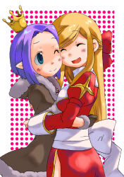 Rule 34 | 2girls, blonde hair, blue eyes, bow, breasts, brown cape, brown gloves, cape, closed eyes, closed mouth, commentary request, commission, crown, dress, fur-trimmed cape, fur trim, gloves, hair bow, high priest (ragnarok online), high wizard (ragnarok online), hug, juliet sleeves, kazuiyun, large breasts, long hair, long sleeves, looking at another, mini crown, multiple girls, one eye closed, open mouth, pointy ears, puffy sleeves, purple hair, ragnarok online, red bow, red dress, sash, short hair, smile, two-tone dress, upper body, white background, white bow, white dress, white sash