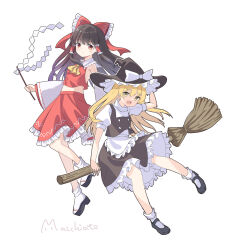 Rule 34 | 2girls, apron, artist name, ascot, black hat, black shoes, black skirt, black vest, blonde hair, blush, bow, braid, breasts, broom, broom riding, brown hair, commentary, detached sleeves, frilled bow, frilled hair tubes, frilled skirt, frills, full body, gohei, hair bow, hair tubes, hakurei reimu, hat, hat bow, highres, holding, holding gohei, kirisame marisa, kk0220, long hair, looking at viewer, mary janes, midriff, multiple girls, open mouth, platform sandals, puffy short sleeves, puffy sleeves, red bow, red eyes, red skirt, ribbon-trimmed sleeves, ribbon trim, sandals, shoes, short sleeves, skirt, skirt set, small breasts, smile, socks, solo, touhou, very long hair, vest, waist apron, white bow, white socks, witch hat, yellow ascot
