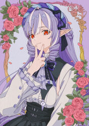 1girl absurdres ascot bow bowtie center_frills drill_hair drill_sidelocks flower frills gem highres lolita_fashion long_hair long_sleeves looking_at_viewer mole mole_under_eye multicolored_hair pointy_ears purple_ascot purple_bow purple_bowtie purple_gemstone purple_hair red_eyes red_flower red_rose rose ruogong_qingyue shrug_(clothing) sideboob_cutout sidelocks smile two-tone_hair upper_body v vivian_banshee white_shrug zenless_zone_zero