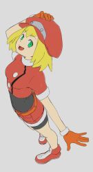 Rule 34 | belt, bike shorts, blonde hair, bodysuit, crop top, from above, gloves, green eyes, grey background, hair between eyes, hand on own head, happy, hat, highres, holding, holding unworn clothes, holding unworn hat, jkataishi, looking up, mega man (series), mega man legends (series), open mouth, orange gloves, red footwear, roll caskett (mega man), short hair, short sleeves, shorts, sidelocks, simple background, smile, turtleneck, unworn hat, unworn headwear