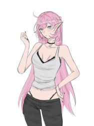1girl alternate_costume black_bra black_choker black_nails black_panties black_pants blue_eyes bra bra_peek breasts camisole choker cleavage commentary elf elysia_(honkai_impact) english_commentary highres honkai_(series) honkai_impact_3rd keikeiis large_breasts long_hair midriff navel panties pants panty_straps pink_hair pointy_ears simple_background solo underwear very_long_hair white_background white_camisole