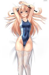 1girl arms_up black_ribbon blush breasts brown_eyes brown_hair dakimakura_(medium) hair_ribbon highres johnston_(kancolle) kantai_collection long_hair looking_at_viewer medium_breasts mizuki_(uzuki_no_sato) one-piece_swimsuit ribbon solo swimsuit thighhighs two_side_up wet wet_thighhighs