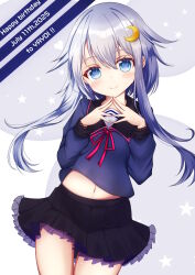 1girl ahoge birthday black_sailor_collar blue_eyes blue_serafuku blush cowboy_shot crescent crescent_hair_ornament cvtm hair_between_eyes hair_ornament highres kantai_collection long_hair long_sleeves looking_at_viewer pleated_skirt purple_background purple_hair ribbon sailor_collar school_uniform serafuku shirt short_hair short_hair_with_long_locks skirt smile solo yayoi_(kancolle)