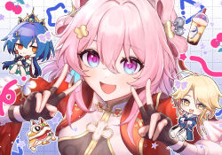 1boy 2girls 710koikoi arms_up bell black_gloves blonde_hair blue_eyes blue_hair bubble_tea chibi chinese_clothes collared_shirt commentary_request cropped_jacket crossed_arms detached_sleeves diting_(honkai:_star_rail) fingerless_gloves food friends gloves gradient_background hair_bell hair_between_eyes hair_ornament hairclip hands_up happy head_tilt headpiece high_ponytail highres holding holding_food holding_skewer honkai:_star_rail honkai_(series) jacket knees_up light_blush long_hair long_sleeves looking_at_viewer looking_to_the_side low_twintails march_7th_(honkai:_star_rail) march_7th_(hunt)_(honkai:_star_rail) multicolored_eyes multiple_girls open_clothes open_jacket open_mouth orange_eyes parted_bangs partial_commentary pink_hair ponytail purple_eyes red_jacket shirt short_hair short_sleeves skewer standing twintails v yanqing_(honkai:_star_rail) yellow_eyes yunli_(honkai:_star_rail)