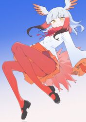 1girl bird_girl bird_tail bird_wings black_hair black_shoes blunt_bangs blush bow bowtie frilled_sleeves frills from_below fur_collar gloves head_wings highres japanese_crested_ibis_(kemono_friends) kemono_friends kfr_tomew long_sleeves looking_at_viewer mary_janes midair midriff_peek navel pantyhose pleated_skirt red_bow red_bowtie red_fur red_gloves red_hair red_pantyhose red_skirt shirt shoes short_hair sidelocks skirt solo tail white_hair white_shirt wings yellow_eyes