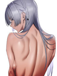 1girl ak-15_(girls&#039;_frontline) anakasakas back back_focus bare_back braid breasts from_behind girls&#039;_frontline girls&#039;_frontline_2:_exilium grey_hair long_hair looking_down nude purple_eyes shoulder_blades sideboob simple_background solo upper_body voymastina_(girls&#039;_frontline_2) white_background