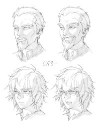 Rule 34 | 2boys, askeladd, beard, clenched teeth, closed mouth, facial hair, furrowed brow, greyscale, hair between eyes, hair slicked back, highres, kakuzta, male focus, medium hair, messy hair, monochrome, multiple boys, portrait, short hair, smirk, teeth, thorfinn, upper body, vinland saga, white background