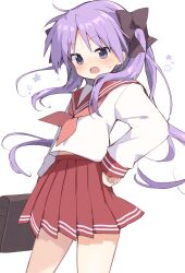 1girl absurdres bag black_bow blue_eyes blush bow briefcase brown_bag collared_shirt contrapposto cowboy_shot curled_fingers eyebrows_hidden_by_hair flat_chest floating_hair frown hair_bow hair_over_shoulder hand_on_own_hip handbag head_tilt highres hiiragi_kagami long_hair long_sleeves looking_at_viewer lucky_star midriff_peek miniskirt neckerchief open_mouth pink_neckerchief pleated_skirt purple_eyes purple_hair red_sailor_collar red_skirt red_sleeve_cuffs ryouou_school_uniform sailor_collar school_uniform serafuku shirt simple_background skirt solo star_(symbol) sweatdrop takepoison thick_eyelashes thighs tsurime twintails v-shaped_eyebrows very_long_hair white_background white_shirt