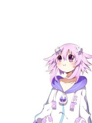 1girl absurdres blush choker d-pad d-pad_hair_ornament hair_ornament highres hood hoodie kurokasu neptune_(neptunia) neptune_(series) pink_hair puffy_cheeks purple_eyes short_hair sidelocks solo white_background white_choker white_hoodie