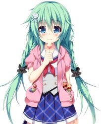 1girl artist_request blue_eyes blue_skirt bow green_hair jacket long_hair looking_at_viewer pink_jacket red_bow skirt source_request suki_to_suki_to_de_sankaku_renai visual_novel warota_akane