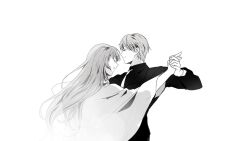 Rule 34 | 1boy, 1other, closed eyes, commentary request, dancing, enkidu (fate), fate/strange fake, fate (series), gilgamesh (fate), greyscale, holding hands, kassia, korean commentary, long hair, male focus, monochrome, necktie, open mouth, robe, smile