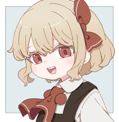 1girl :d absurdres ascot black_vest blonde_hair blue_background blush border collared_shirt commentary hair_ribbon highres kame_(kamepan44231) looking_at_viewer open_mouth outside_border red_ascot red_eyes red_ribbon ribbon rumia shirt short_hair simple_background smile solo teeth touhou upper_teeth_only vest white_border white_shirt