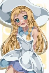 1boy arms_behind_back blonde_hair braid collared_dress commentary dress green_eyes hat highres lillie_(pokemon) nintendo open_mouth pokemon pokemon_sm ponytail_with_braided_base shiki_(kisikisi1007) sleeveless sleeveless_dress solo sun_hat sundress twin_braids white_background white_dress white_hat