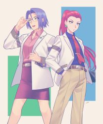 Rule 34 | 1boy, 1girl, blue eyes, buttons, collared shirt, commentary request, crossdressing, earrings, eyelashes, glasses, green eyes, hand in pocket, highres, jacket, james (pokemon), jessie (pokemon), jewelry, lipstick, long hair, long sleeves, makeup, necktie, nintendo, open clothes, open jacket, pants, parted lips, pink shirt, pokemon, pokemon (anime), purple hair, purple shirt, purple skirt, ruru (gi xxy), shirt, skirt, tablet pc, team rocket, white jacket