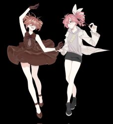 2girls :o ahoge alternate_costume antenna_hair arm_up black_background black_bow black_bowtie black_dress black_eyes black_gloves black_necktie black_shoes black_shorts blush bow bowtie chinese_commentary closed_eyes coat commentary_request dress dual_persona encore_dance_(synthesizer_v) eyes_visible_through_hair flat_chest gloves grey_sweater hair_bow hair_over_eyes hair_ribbon highres hood hooded_sweater kasane_teto kasane_teto_(sv) lt_lq multiple_girls necktie open_clothes open_coat open_mouth ribbon science_(synthesizer_v) shoes short_shorts shorts simple_background standing sweater synthesizer_v utau white_bow white_coat white_ribbon