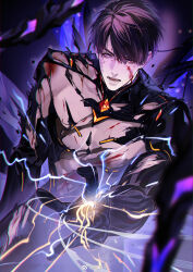1boy abs bare_pectorals black_gloves blood blood_on_body blood_on_face brown_hair caleb_(love_and_deepspace) gloves highres long_sleeves looking_at_viewer love_and_deepspace male_focus mecha_pilot_suit navel open_mouth parted_bangs pectorals purple_eyes sayahime short_hair solo torn_clothes watermark weibo_watermark