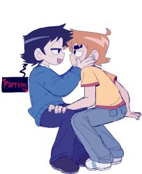 2boys absurdres black_hair blue_sweater blush commentary denim eatbabies0 english_commentary english_text eye_contact flirting frown hand_on_another&#039;s_face hand_on_another&#039;s_leg highres jeans jitome looking_at_another male_focus multiple_boys official_style open_mouth orange_hair pants scott_pilgrim scott_pilgrim_(series) scott_pilgrim_takes_off shirt shores short_hair short_sleeves simple_background sitting smile speech_bubble sweater wallace_wells white_background yaoi yellow_shirt