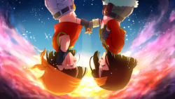 Rule 34 | 2girls, asu no yozora shoukaihan (vocaloid), bandana, belt, belt pouch, black belt, black gloves, black hair, black shirt, blue sky, blunt bangs, closed eyes, crop top, denim, denim shorts, dragon ball, dragon ball gt, dragon ball heroes, dual persona, falling, female focus, fingerless gloves, gloves, happy tears, headband, holding hands, interlocked fingers, jacket, jeans, light rays, midriff, multiple girls, navel, open mouth, orange bandana, orange clouds, orange headband, pan (dragon ball), pan (xeno), pan (xeno) (dragon ball), pants, pink clouds, pouch, red clouds, red jacket, red shirt, rom (20), shirt, shorts, sky, smile, star (sky), starry sky, sunbeam, sunlight, sunset, t-shirt, tears, upside-down, vocaloid
