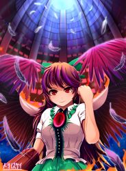 1girl arm_cannon arm_up artist_name bird_wings blouse bow breasts brown_hair cape clenched_hand commentary_request dome feathered_wings feathers female_focus fire green_skirt hair_bow highres indoors long_hair looking_at_viewer medium_breasts ponytail red_eyes reiuji_utsuho shirt short_sleeves skirt smile solo space_print standing starry_sky_print swept_bangs third_eye torinosukei touhou upper_body very_long_hair weapon white_shirt wings