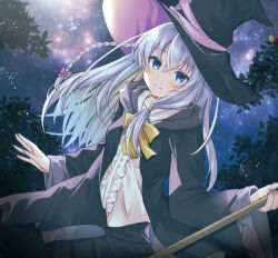 1girl 2021 absurdres black_hat black_robe black_skirt blue_eyes blush bow braid center_frills closed_mouth commentary_request commission cowboy_shot crossed_bangs dated_commentary elaina_(majo_no_tabitabi) eyes_visible_through_hair floating_hair frilled_shirt frills grey_hair hair_between_eyes hair_bow hand_up hat highres holding long_hair long_sleeves looking_at_viewer majo_no_tabitabi night open_clothes open_robe outdoors pink_bow pleated_skirt robe shirt sidelighting single_braid skeb_commission skirt smile solo split_mouth white_shirt wide_sleeves witch witch_hat yam_(yamap_mako)