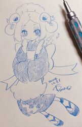 Rule 34 | 1girl, 2024, alternate costume, apron, bags under eyes, ballpoint pen (medium), bloody marie (skullgirls), dated, frilled apron, frills, full body, hair ornament, half-closed eyes, highres, japanese clothes, kappougi, maid headdress, pen (medium), ryantoruhuhu, sandals, skull hair ornament, skullgirls, solo, traditional media