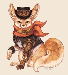 animal animal_focus black_eyes black_hat black_jacket brown_background chest_belt clothed_animal fennec_fox from_side full_body goggles goggles_on_head hat highres jacket mechanical_arms neckerchief no_humans original prosthesis prosthetic_arm red_neckerchief simple_background single_mechanical_arm sitting solo steampunk tonbippo08 whiskers