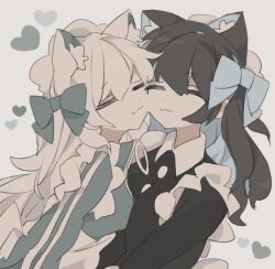 2girls :3 animal_ear_fluff animal_ears apron asymmetrical_docking black_dress black_hair blue_bow bow breast_press buttons cat_ears closed_eyes collared_dress dress green_dress grey_background hair_bow hair_ribbon heart long_hair long_sleeves maid maid_apron maid_headdress mochisiku multiple_girls nuzzle original ribbon simple_background striped_clothes striped_dress upper_body white_apron white_hair yuri