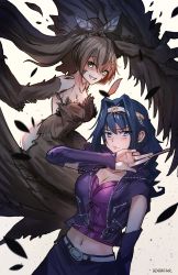 2girls absurdres advarcher artist_name bird_girl bird_wings black_hair blue_eyes blue_hair breasts brown_fur brown_hair card card_(medium) cleavage commentary cosplay duel_monster elbow_gloves english_commentary feather_hair_ornament feathered_wings feathers fur gloves hair_ornament hairpin harpie_lady harpy highres holding holding_card hololive hololive_english jacket kujaku_mai kujaku_mai_(cosplay) large_breasts long_hair looking_at_viewer monster_girl multicolored_hair multiple_girls nanashi_mumei nanashi_mumei_(harpy) ouro_kronii ponytail purple_gloves purple_jacket purple_skirt short_hair skirt sleeveless sleeveless_jacket streaked_hair vest virtual_youtuber wings yellow_eyes yu-gi-oh! yu-gi-oh!_duel_monsters
