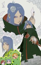 Rule 34 | 1girl, 2boys, :o, ;d, akatsuki uniform, animal costume, black coat, black nails, blue eyeliner, blue hair, blush stickers, closed mouth, coat, commentary request, eyeliner, flower, frog costume, hair flower, hair ornament, hair over one eye, highres, holding, holding paper, konan (naruto), long sleeves, makeup, multiple boys, multiple views, nagato (naruto), naruto (series), naruto shippuuden, one eye closed, open mouth, orange eyes, orange hair, paper, piercing, ramama522 (rama), red hair, rinnegan, short hair, smile, yahiko (naruto)