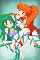 2girls arm_up armor ass ayanokouji_rem barefoot bikini bikini_armor blush breasts caron_(rall) commentary_request commission commissioner_upload consensual_tentacles covered_erect_nipples crossover dream_hunter_rem feet fugetsu_taku green_eyes green_hair highres kneepits leg_grab legs long_hair looking_back multiple_girls open_mouth orange_hair pink_bikini ponytail red_bikini restrained sf_choujigen_densetsu_rall skeb_commission small_breasts smile soles spread_legs suspension swimsuit tentacles tentacles_under_clothes thighs toes trait_connection white_bikini
