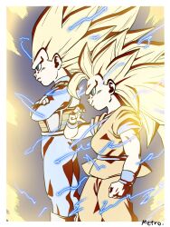 2boys aura blue_bodysuit blue_shirt bodysuit border chibi crossed_legs dougi dragon_ball dragon_ball_daima electricity from_side green_eyes highres long_hair male_focus multiple_boys no_eyebrows orange_pants orange_tunic pants profile saiyan_armor shirt son_goku spiked_hair super_saiyan super_saiyan_3 tunic vegeta white_border yamuchasiyagatte