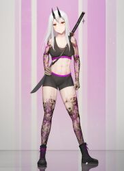 1girl abs absurdres arm_tattoo black_boots black_horns black_shorts black_sports_bra blurry blurry_background boots breasts check_copyright closed_mouth commentary commission copyright_request english_commentary full_body hand_on_own_hip highres horns leg_tattoo light_particles long_hair looking_at_viewer medium_breasts navel numanoan original reflective_floor shorts shoulder_strap skull_tattoo smile solo sports_bra standing stomach sword sword_on_back tattoo toned toned_female weapon weapon_on_back weapon_strap white_hair yellow_eyes