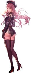 Rule 34 | 1girl, artist request, ass, beret, black choker, black leotard, black thighhighs, blush, breasts, choker, cleavage, curvy, expressionless, floating hair, goddess of victory: nikke, hair between eyes, hat, huge ass, impossible clothes, jacket, large breasts, leotard, leotard under clothes, long hair, military uniform, official art, open clothes, open jacket, orange eyes, rapi (nikke), revealing clothes, skindentation, solo, thigh gap, thighhighs, thighs, transparent background, very long hair, wide hips