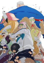 2girls 4boys back beard blonde_hair blue_neckerchief blue_shirt blush_stickers commentary english_commentary facial_hair green_hair green_headband hat headband headphones helmeppo hibari_(one_piece) highres holding holding_weapon koby_(one_piece) kojima_takashi kujaku_(one_piece) long_hair monkey_d._garp multiple_boys multiple_girls neckerchief official_art one_piece open_mouth pants pink_hair ponytail prince_grus purple_pants shirt short_hair short_sleeves sunglasses weapon white_background white_hair