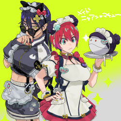 2girls adapted_costume alternate_costume amate_yuzuriha animal_ears apron aqua_eyes black_dress black_hair bracelet cat_ears detached_sleeves dress enmaided fake_animal_ears frilled_apron frills gundam gundam_gquuuuuux haro holding holding_tray jewelry long_hair maid maid_apron maid_headdress midriff miniskirt multiple_girls nyaan_(gundam_gquuuuuux) red_hair short_hair short_sleeves skirt sunglasses tray vj0tv waist_apron white_apron yellow_eyes