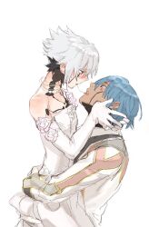 .hack// .hack//g.u. 2boys after_kiss blue_eyes blue_hair blush carrying carrying_person chest_tattoo commentary_request crossdressing dark-skinned_male dark_skin dress elbow_gloves embarrassed facial_tattoo formal_clothes gloves half-closed_eyes hands_on_another&#039;s_cheeks hands_on_another&#039;s_face haseo_(.hack//) looking_at_another looking_down looking_up maishi male_focus multiple_boys ovan_(.hack//) red_eyes saliva saliva_trail short_hair simple_background sketch suit tattoo tuxedo wedding_dress white_background white_dress white_gloves white_hair white_suit yaoi