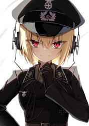 1girl absurdres belt black_gloves blonde_hair cross gloves hat headphones highres iron_cross jiseki_rena looking_at_viewer military_uniform nazi original peaked_cap red_eyes reichsadler rena_(jiseki_rena) short_hair solo throat_microphone totenkopf tsurime white_background