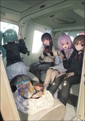 4girls :d absurdres applying_makeup aqua_hair arius_squad_(blue_archive) atsuko_(blue_archive) bag bandaged_neck bandages black_hair black_hoodie bloom blue_archive blush bow brown_hair can car_interior cellphone closed_mouth commentary_request denim dot_mouth drawstring drink hair_between_eyes hair_bow hair_ribbon halo hat highres hiyori_(blue_archive) holding holding_phone hood hoodie jeans kokukyukeo korean_commentary long_hair looking_at_viewer midriff misaki_(blue_archive) multiple_girls open_mouth pants parted_bangs phone pink_hair plastic_bag red_eyes ribbon saori_(blue_archive) short_hair side_ponytail sidelocks sitting smartphone smile snack sweatdrop torn_clothes torn_jeans torn_pants unworn_hat unworn_headwear v-shaped_eyebrows waving wide-eyed