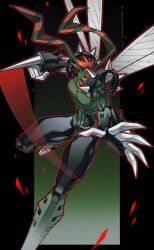 Rule 34 | arm blade, black background, bug, confeito000 333, digimon, digimon (creature), foot out of frame, highres, insect wings, light trail, red hair, short hair, shoulder spikes, simple background, solo, spikes, stingmon, weapon, wings
