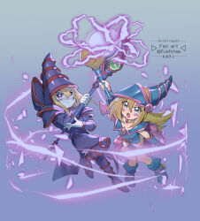 1boy 1girl blonde_hair blue_skin blush_stickers bodysuit casting_spell closed_mouth colored_skin commentary_request dark_magician dark_magician_girl duel_monster full_body fushitasu gradient_background green_eyes hair_between_eyes hat holding holding_staff long_hair magic open_mouth simple_background staff wizard_hat yu-gi-oh! yu-gi-oh!_duel_monsters